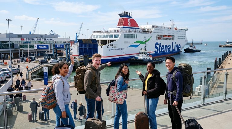 Un gruppo di studenti universitari entusiasti osserva un moderno traghetto Stena Line attraccare in porto, simboleggiando nuove opportunità di viaggio e connessione. (Immagine generata con IA)