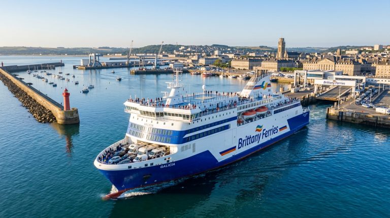 Traghetto Brittany Ferries in arrivo o partenza da un porto francese, che simboleggia il turismo tra Francia e Regno Unito (Immagine generata con IA)