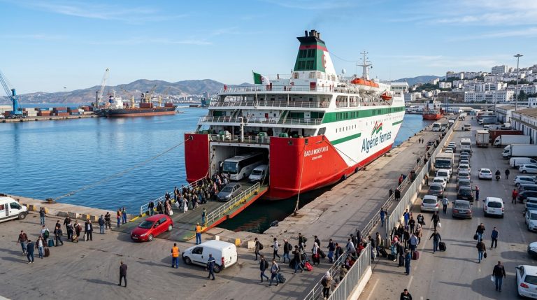 Un traghetto di Algérie Ferries in un porto, con passeggeri che si imbarcano o sbarcano (Immagine generata con IA)