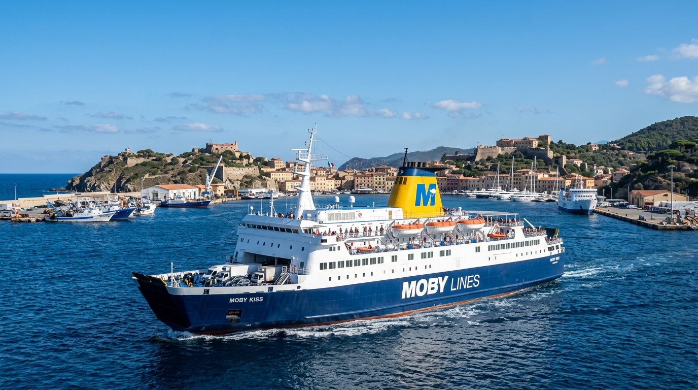 Il traghetto Moby Kiss della compagnia Moby Lines mentre naviga in mare aperto o entra in porto, con la sua livrea caratteristica. (Immagine generata con IA)