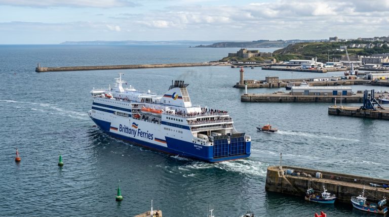 Traghetto passeggeri e veicoli in partenza o arrivo dal porto di Cherbourg verso le Isole Britanniche, con l'infrastruttura portuale sullo sfondo. (Immagine generata con IA)