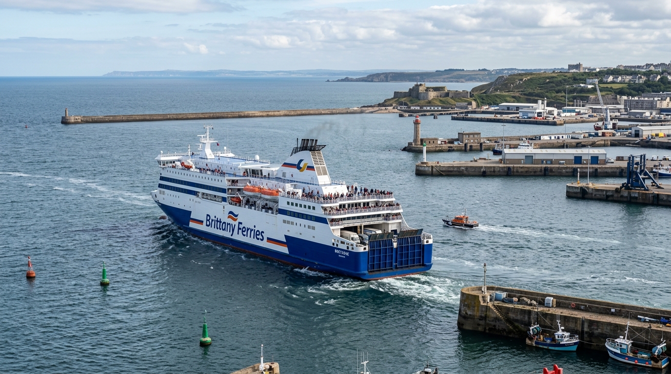 Traghetto passeggeri e veicoli in partenza o arrivo dal porto di Cherbourg verso le Isole Britanniche, con l'infrastruttura portuale sullo sfondo. (Immagine generata con IA)