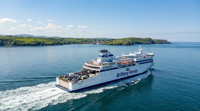 Traghetto Brittany Ferries con auto a bordo in navigazione verso la costa irlandese. (Immagine generata con IA)
