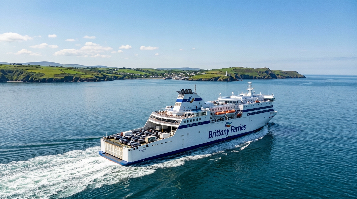 Traghetto Brittany Ferries con auto a bordo in navigazione verso la costa irlandese. (Immagine generata con IA)
