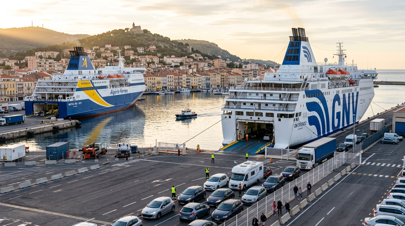 Due grandi traghetti (Ro-Pax) di diverse compagnie navigazione attraccati o in manovra nel porto di Sète, con attività portuale in primo piano e l'architettura della città sullo sfondo. (Immagine generata con IA)