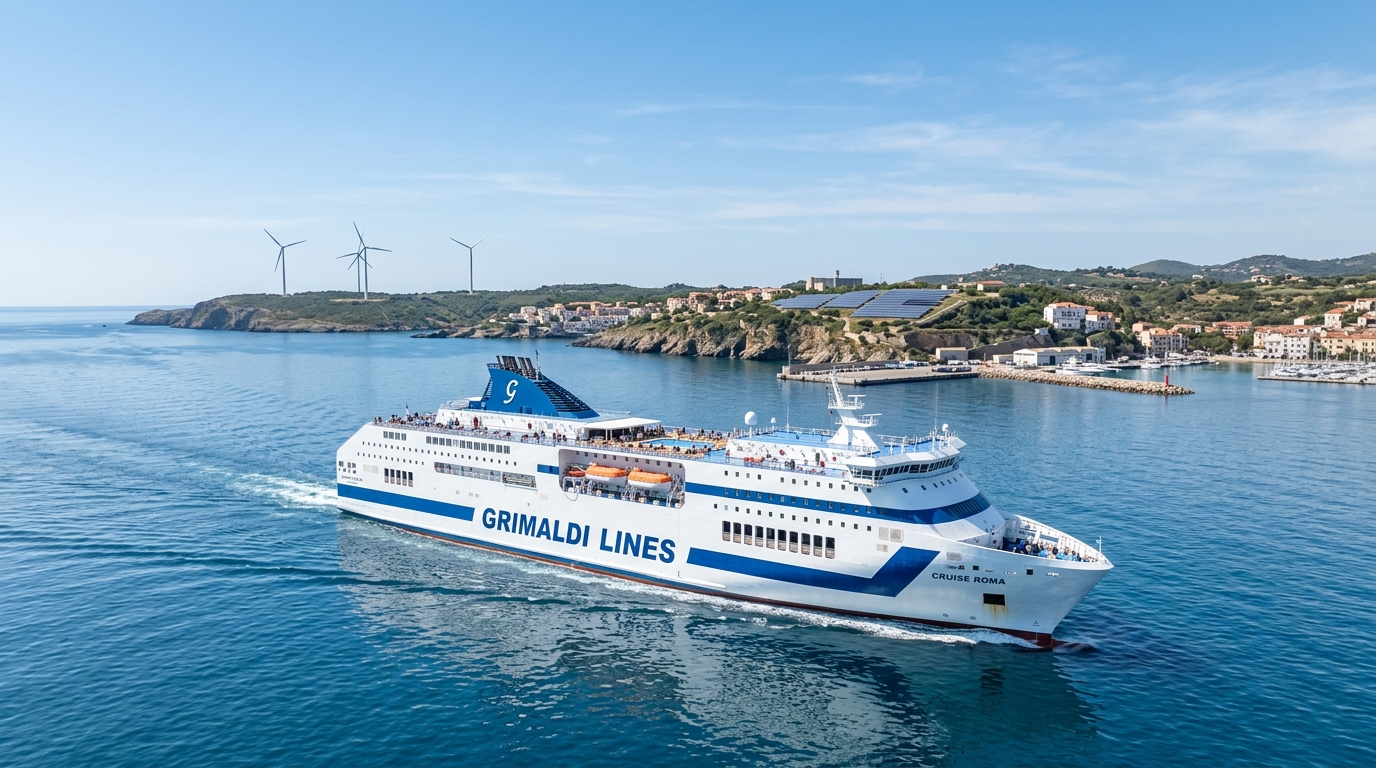 Traghetto Grimaldi Lines in navigazione, simbolo di mobilità marittima sostenibile e turismo. (Immagine generata con IA)