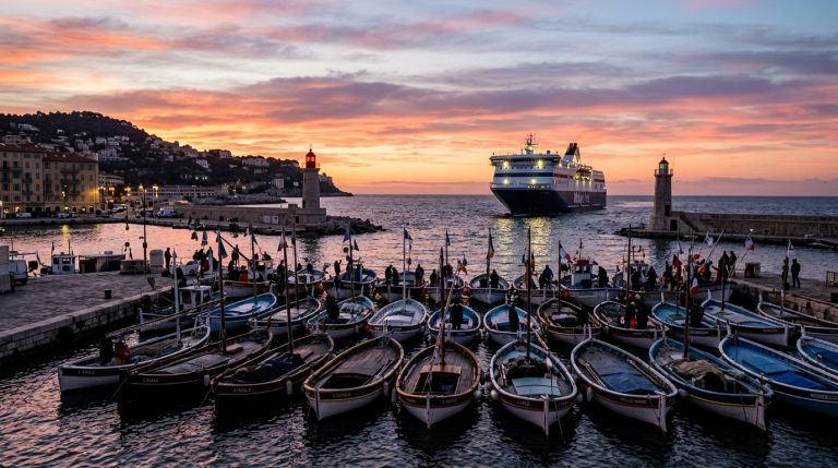 Un traghetto attende al largo del porto di Nizza bloccato da barche da pesca in segno di protesta contro i prezzi del carburante. (Immagine generata con IA)