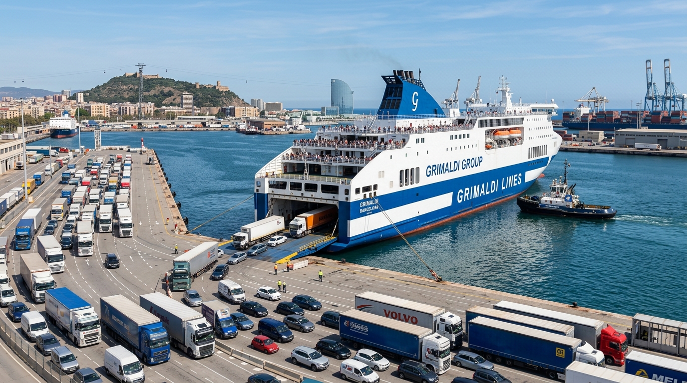 Traghetto Grimaldi Group nel porto di Barcellona o Civitavecchia. (Immagine generata con IA)