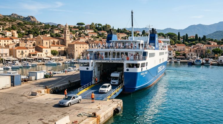 Un traghetto attracca in un porto della Corsica durante il tardo periodo estivo, con un'attività leggermente ridotta. (Immagine generata con IA)