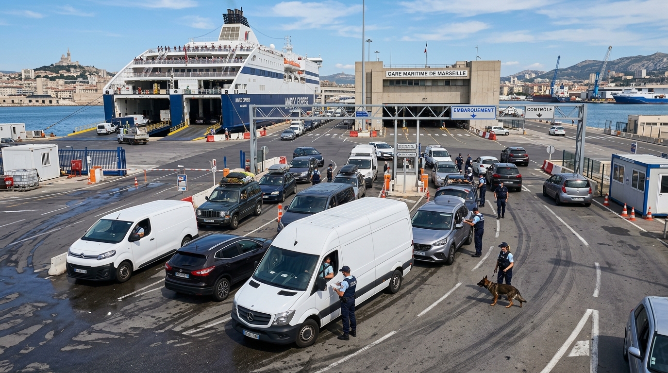Personale di sicurezza portuale a Marsiglia ispeziona veicoli in attesa di imbarco sui traghetti per Algeria e Maghreb. (Immagine generata con IA)