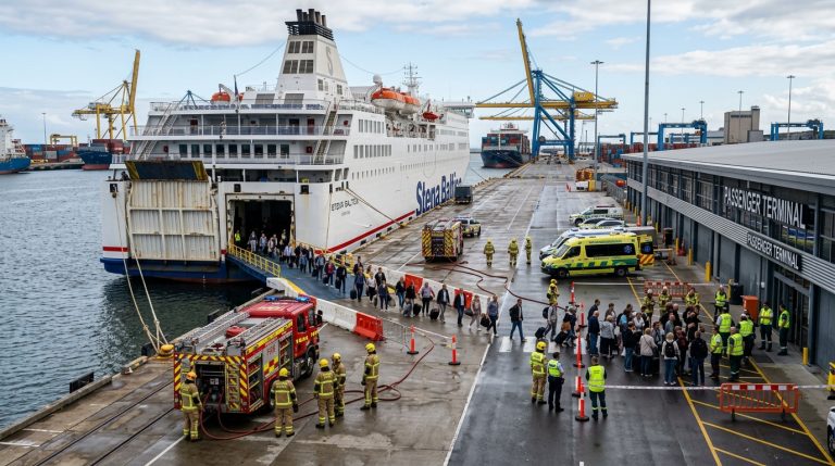 Ferry attraccato al porto di Rostock con personale di emergenza e passeggeri in fase di evacuazione (Immagine generata con IA)