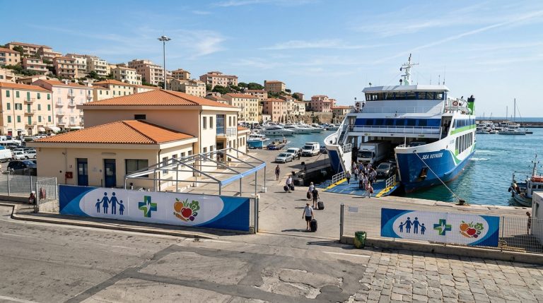 Un moderno traghetto Ro-Pax di Caronte&Tourist in porto, simbolo di un'iniziativa di prevenzione e servizio alla comunità (Immagine generata con IA)