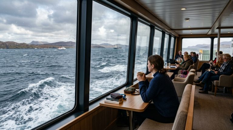 Traghetto moderno in navigazione con mare mosso, passeggeri confortevoli a bordo (Immagine generata con IA)