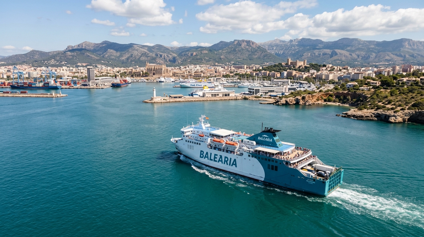 Traghetto passeggeri in navigazione verso le Isole Baleari, con un porto spagnolo in lontananza. (Immagine generata con IA)