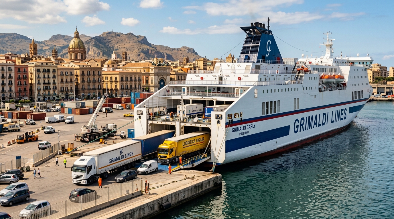 Un moderno traghetto ro-pax di Grimaldi Lines attraccato in un porto italiano, con veicoli e passeggeri che si imbarcano o sbarcano, sullo sfondo il paesaggio costiero della Sardegna o della Sicilia. (Immagine generata con IA)