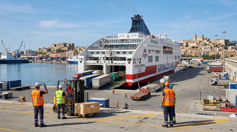 Un moderno traghetto Grimaldi Lines attraccato al porto di Cagliari, con attività di carico e scarico e alcuni lavoratori portuali in primo piano. (Immagine generata con IA)