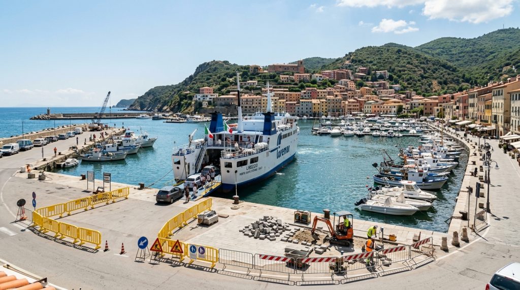 Un traghetto passeggeri attraccato o in transito nel porto di Porto Santo Stefano, con elementi che suggeriscono una gestione della viabilità o lavori in corso. (Immagine generata con IA)