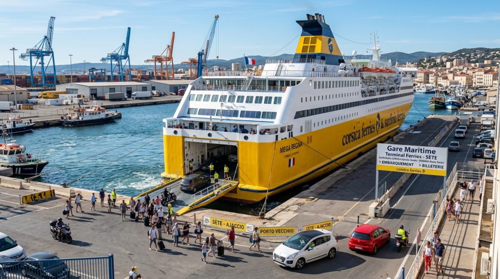 Un traghetto Corsica Ferries giallo attraccato al porto di Sète, in Francia, con passeggeri e veicoli che si imbarcano. (Immagine generata con IA)