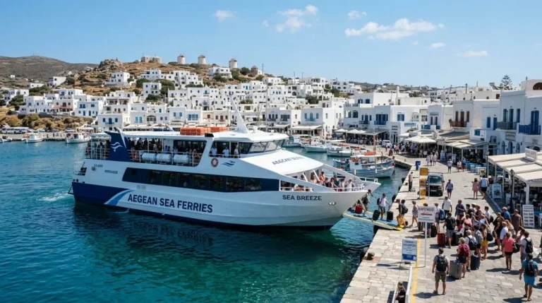 Un traghetto passeggeri si avvicina a un porto di una piccola isola mediterranea con edifici tradizionali e persone in movimento. (Immagine generata con IA)
