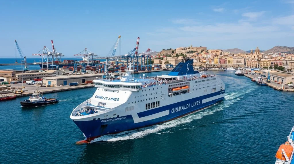 Un moderno traghetto ro-pax di Grimaldi Lines in navigazione vicino a un porto della Sardegna meridionale, sotto un cielo sereno. (Immagine generata con IA)