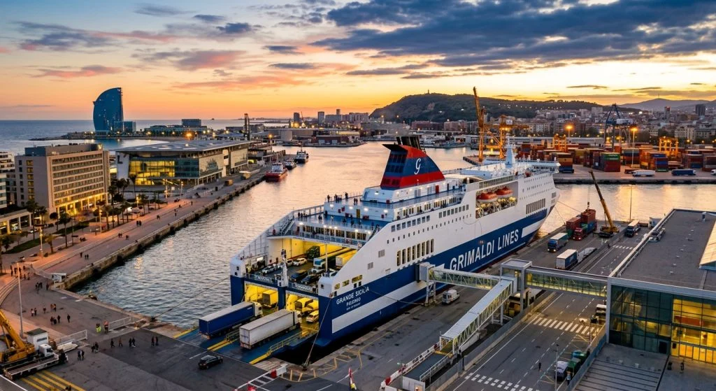 Un moderno traghetto Ro-Pax di Grimaldi Lines attraccato in un vivace porto del Mediterraneo, simbolo del summit Euromed. (Immagine generata con IA)
