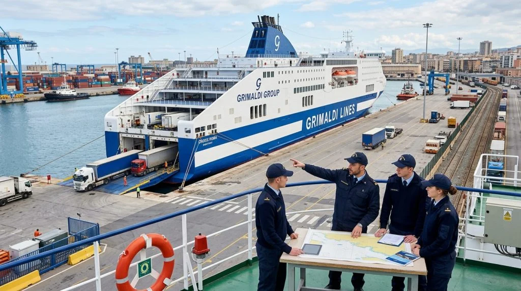 Giovani marittimi in formazione professionale su una nave del Grimaldi Group. (Immagine generata con IA)