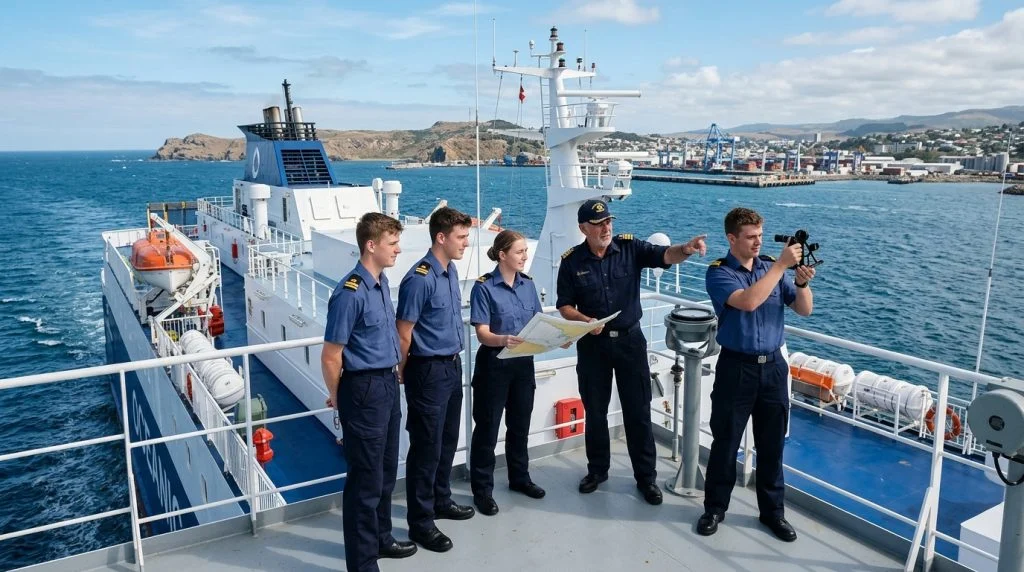 Giovani cadetti a bordo di un traghetto moderno, simboleggianti il rinnovato interesse per le professioni marittime. (Immagine generata con IA)