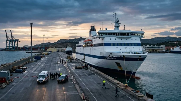 Un traghetto passeggeri attraccato al porto di Olbia dopo un'emergenza medica a bordo. (Immagine generata con IA)