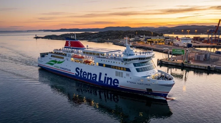 Un traghetto ibrido a batteria di Stena Line in navigazione al tramonto. (Immagine generata con IA)