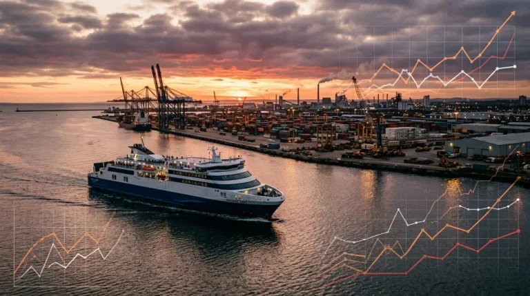Traghetto moderno in navigazione al tramonto, con elementi grafici che suggeriscono costi crescenti e un porto sullo sfondo. (Immagine generata con IA)