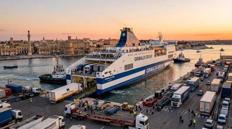 Un moderno traghetto ro-pax del Gruppo Grimaldi in arrivo o partenza da un porto italiano. (Immagine generata con IA)