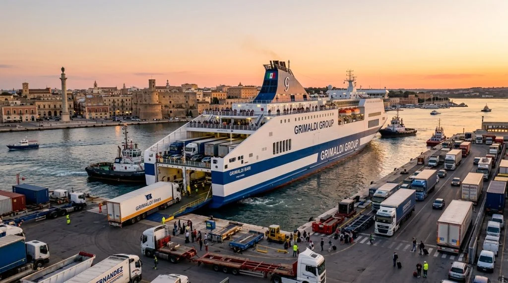 Un moderno traghetto ro-pax del Gruppo Grimaldi in arrivo o partenza da un porto italiano. (Immagine generata con IA)