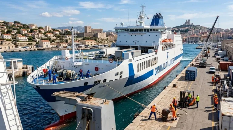 Traghetto Ro-Pax di Grimaldi Lines in fase di attracco in un porto trafficato, con membri dell'equipaggio e operatori portuali. (Immagine generata con IA)