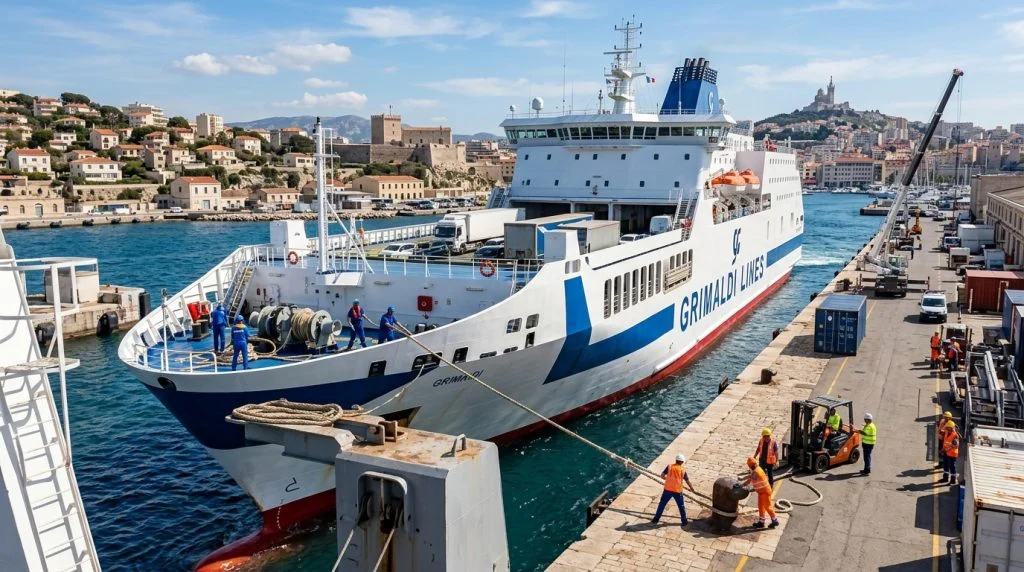 Traghetto Ro-Pax di Grimaldi Lines in fase di attracco in un porto trafficato, con membri dell'equipaggio e operatori portuali. (Immagine generata con IA)