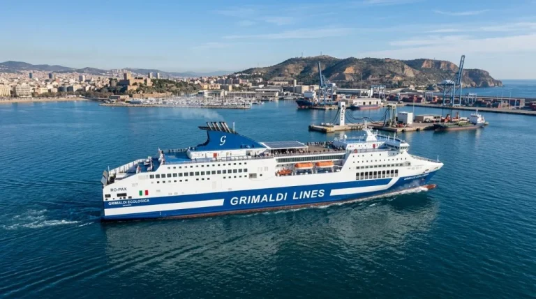 Un traghetto Ro-Pax di Grimaldi Lines, simbolo della flotta sostenibile, naviga nelle acque del Mediterraneo, con infrastrutture portuali che supportano la decarbonizzazione in secondo piano. (Immagine generata con IA)