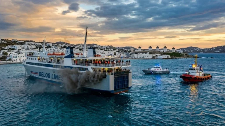 Traghetto in fiamme al largo di Mykonos con fumo visibile e mezzi di soccorso. (Immagine generata con IA)