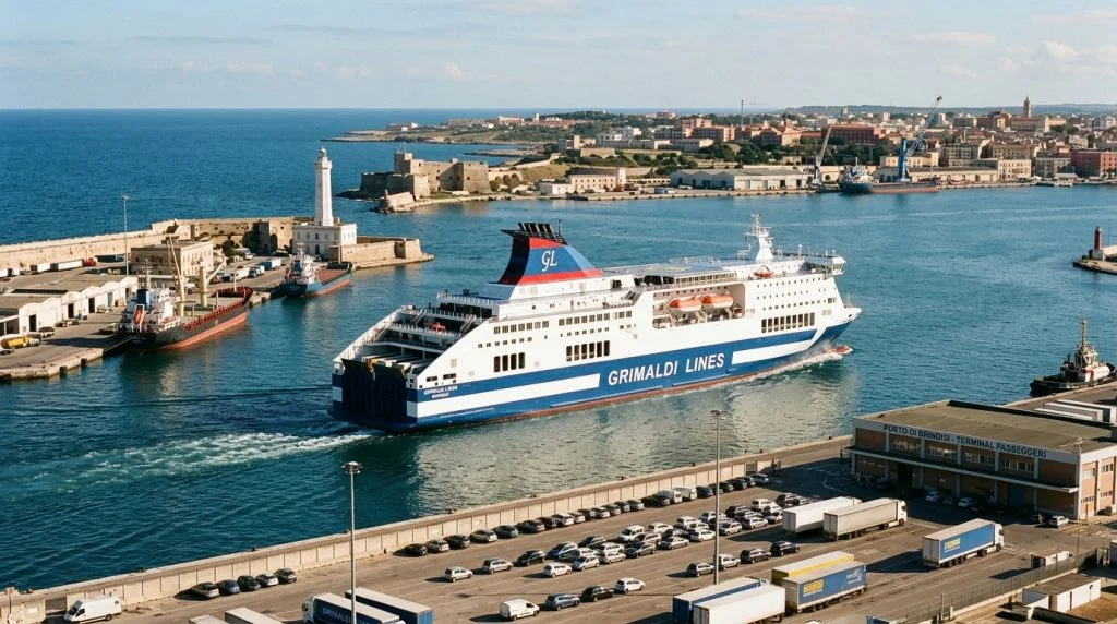 Un moderno traghetto Grimaldi Lines nel porto di Brindisi, pronto per la rotta verso la Grecia (Immagine generata con IA)