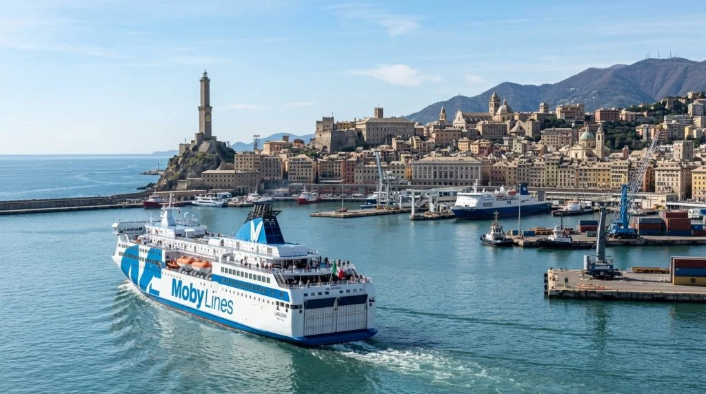 Traghetto moderno che lascia il porto di Genova con la skyline storica e la Lanterna sullo sfondo. (Immagine generata con IA)