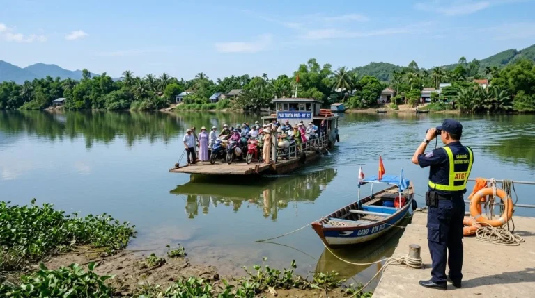 Un piccolo traghetto locale che attraversa un fiume in Vietnam, con un agente di polizia marittima che sorveglia le operazioni per garantire la sicurezza. (Immagine generata con IA)