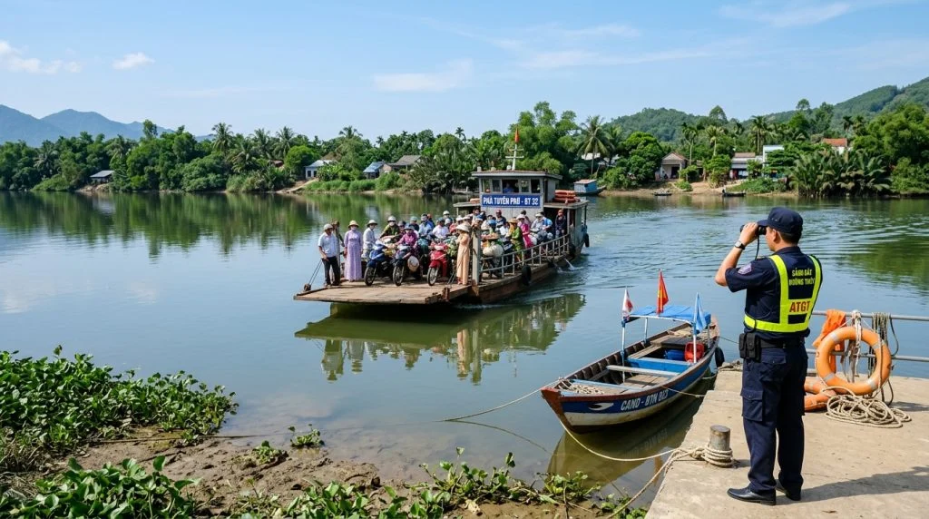 Un piccolo traghetto locale che attraversa un fiume in Vietnam, con un agente di polizia marittima che sorveglia le operazioni per garantire la sicurezza. (Immagine generata con IA)