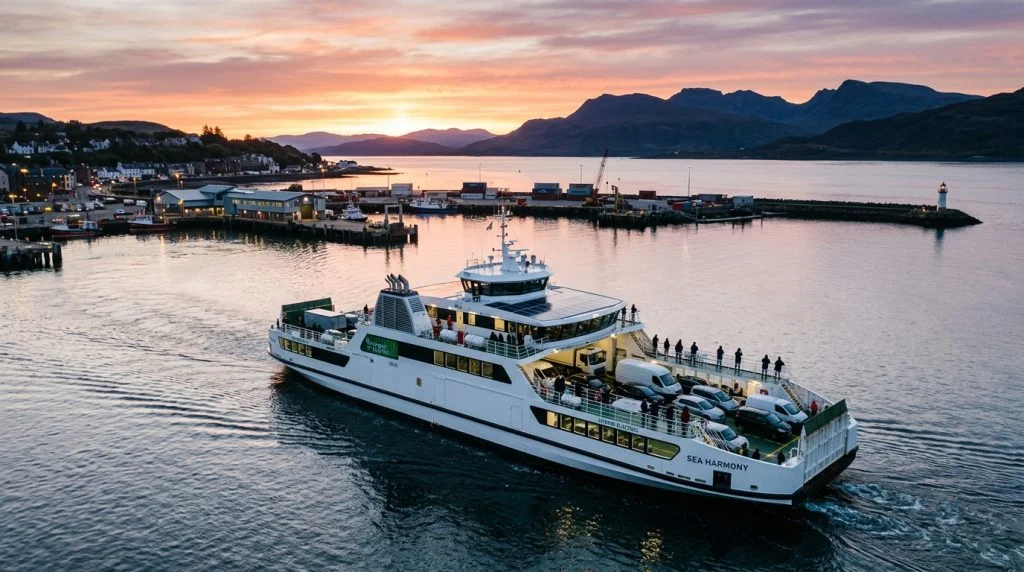 Un moderno traghetto ecologico salpa da un porto britannico all'alba, con veicoli e passeggeri. Sullo sfondo, un paesaggio montuoso. (Immagine generata con IA)