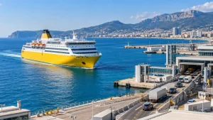 Traghetto passeggeri in navigazione verso le isole del Mediterraneo, con area portuale sullo sfondo