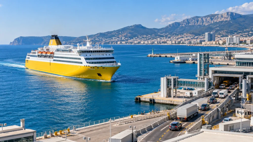 Traghetto passeggeri in navigazione verso le isole del Mediterraneo, con area portuale sullo sfondo