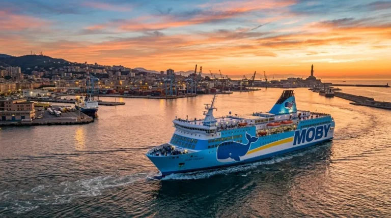 Un traghetto Moby parte dal porto di Genova al tramonto, dirigendosi verso Porto Torres. (Immagine generata con IA)