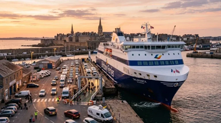 Traghetto di Brittany Ferries che collega la Francia al Regno Unito, simbolo della partnership turistica tra la compagnia e Atout France. (Immagine generata con IA)