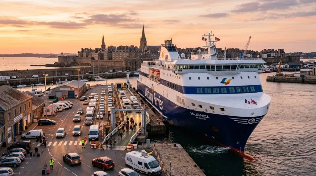 Traghetto di Brittany Ferries che collega la Francia al Regno Unito, simbolo della partnership turistica tra la compagnia e Atout France. (Immagine generata con IA)