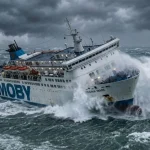 Traghetto in navigazione tra onde alte durante una tempesta nel Mediterraneo (Immagine generata con IA)