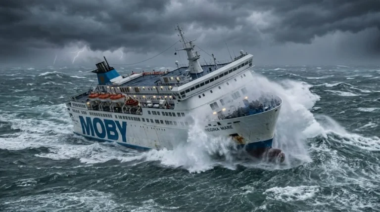 Traghetto in navigazione tra onde alte durante una tempesta nel Mediterraneo (Immagine generata con IA)