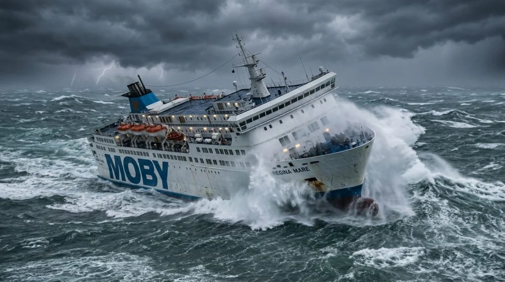 Traghetto in navigazione tra onde alte durante una tempesta nel Mediterraneo (Immagine generata con IA)