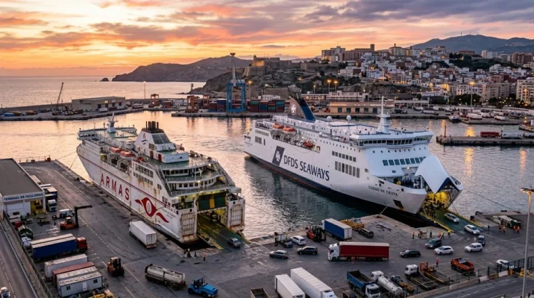 Veduta del porto di Ceuta con traghetti DFDS e Armas, sullo sfondo edifici portuali e attività commerciali. (Immagine generata con IA)